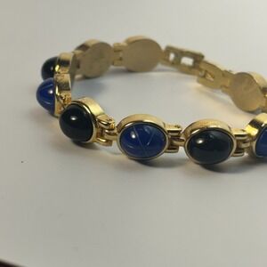 Tennis Bracelet Gold Tone Links Oval Glass Cabochon Blue Black Gorgeous